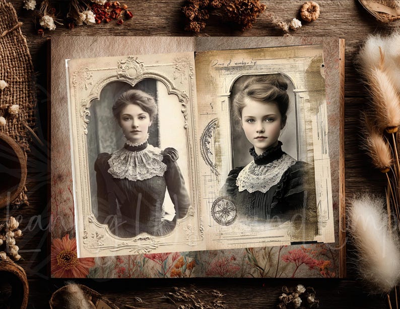 May include: Vintage-style open book with two portraits of a woman in a dark dress with a lace collar. The portraits are in ornate frames. The book is surrounded by dried flowers and decorative elements, creating a nostalgic aesthetic.