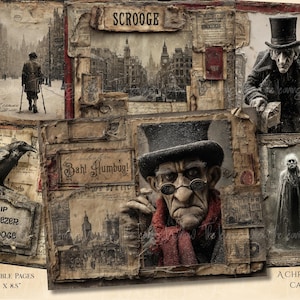 Puede incluir: Un collage de ilustraciones de "Cuento de Navidad" con Ebenezer Scrooge. Las imágenes incluyen un cuervo, paisajes urbanos y retratos de Scrooge. El texto incluye "RIP Ebenezer Scrooge", "Bah! Humbug!" y "25 Páginas Dobles 28 cm x 21.6 cm".