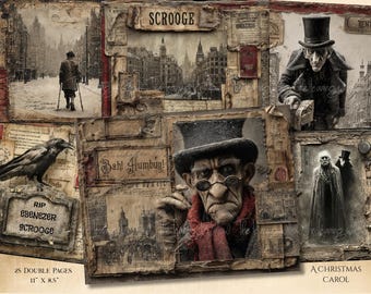 A Christmas Carol Printable Papers Junk Journal, Scrooge Printable Collage Sheet 25 Jpeg Designs Junk Journals, Digital Download