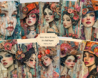 Mixed Media Girls Junk Journal Pages, Whimsical Girls Digital Papers, - Digital Download