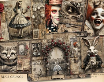 Alice in Wonderland Junk Journal Kit, Printable Scrapbook Papers, Digital Download, Alice Ephemera Grunge Paper