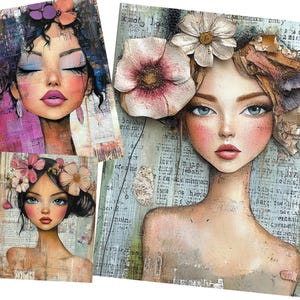 May include: Three art prints featuring stylized portraits of women. Each portrait has a unique floral headpiece and soft, colorful makeup. The backgrounds have a collage effect with text and various textures, creating a whimsical and artistic aesthetic.