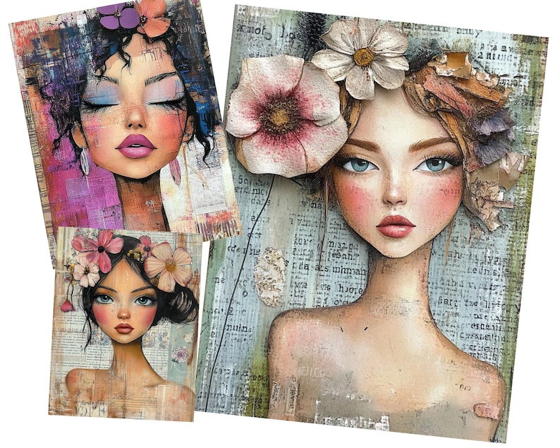 May include: Three art prints featuring stylized portraits of women. Each portrait has a unique floral headpiece and soft, colorful makeup. The backgrounds have a collage effect with text and various textures, creating a whimsical and artistic aesthetic.