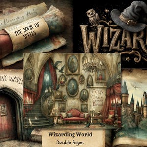 May include: A collage of fantasy-themed illustrations featuring a scroll labeled The Book of Spells, the word Wizard with a witch hat and owl, a stone archway labeled Wizarding World, a grand room with portraits, and a castle, with text Wizarding World Double Pages.