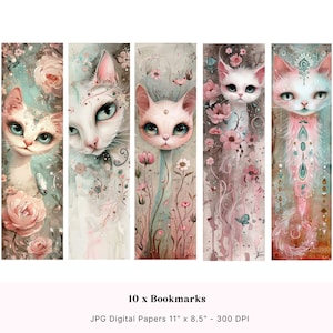 10 signets imprimables chats, ensemble de signets de lecture, signets chats originaux, signets pour les amoureux des livres, signets jolies filles, signets chats pastel