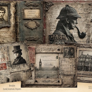 May include: A collage of vintage-style papers and illustrations, featuring portraits, text, and images related to Sherlock Holmes. Includes a portrait of a man, a book, and the text "Case Solver". The paper size is 11" x 8.5".