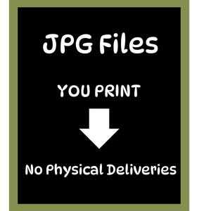 May include: A black rectangular graphic with white text that reads "JPG Files YOU PRINT" with a downward-pointing arrow and the text "No Physical Deliveries" in a green border.