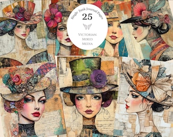May include: A collage of six Victorian-era portraits of women wearing elaborate hats. The artwork features a mixed media style with a vintage aesthetic. The text "Single Junk Journal Pages 25 Victorian Mixed Media" is visible.