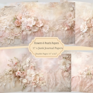 Vintage Spitze Junk Journal, druckbare antike Seiten Rosa Blumen und Spitze digitales Journal, Hochzeit Scrapbook Papier Spitze Hintergrund, Blumen