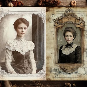 May include: Two vintage-style portraits of a woman. The left portrait is a sepia-toned photograph of a woman in a dress with a lace collar. The right portrait is a framed image of the same woman, with musical notes in the background.