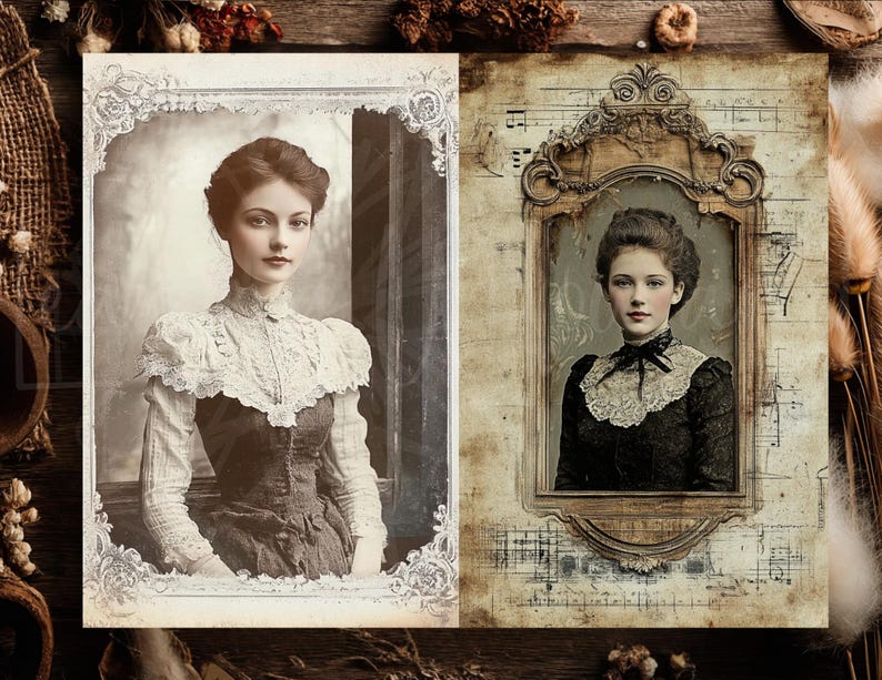 May include: Two vintage-style portraits of a woman. The left portrait is a sepia-toned photograph of a woman in a dress with a lace collar. The right portrait is a framed image of the same woman, with musical notes in the background.