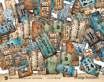 Industrial Grunge numbers labels, tags, vintage ephemera, Industrial Fussy Cuts, Grunge Fussy Cuts, Grunge collage sheet, Grunge Ephemera