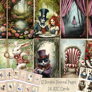 Alice in Wonderland Junk Journal Kit, Printable Scrapbook Papers, Digital Download, Alice Ephemera, Alice in Wonderland Digital Half Papers