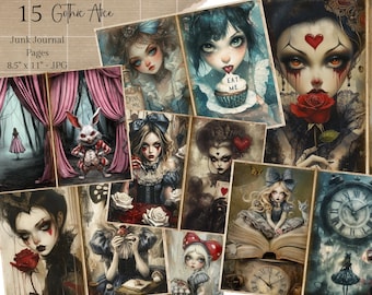 Alice im Wunderland Junk Journal, druckbare Scrapbook Papiere, digitaler Download, Alice Ephemera, Gothic Alice im Wunderland, Gothic Ephemera