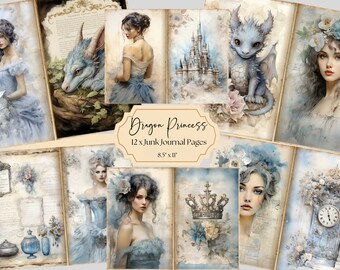 May include: Twelve digital collage sheets featuring a blue dragon, a castle, a crown, and a woman with long dark hair. The collage sheets are designed for junk journaling and measure 8.5 x 11 inches.