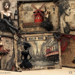 Puede incluir: Un collage de imágenes con temática Moulin Rouge. Presenta ilustraciones de bailarinas, la Torre Eiffel y el icónico molino de viento rojo. Los textos "MOULIN ROUGE" y "JUNK JOURNAL PAGES" son visibles. La paleta de colores incluye tonos sepia, rojo y negro.