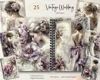 Páginas vintage para álbum de recortes de boda, kit de papel digital para álbum de recortes, imprimibles para novias, papeles digitales para novias, álbum de recortes de boda, efímeros de amor