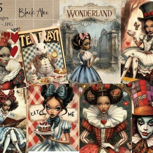 Kit de diário de Alice no País das Maravilhas, papéis para scrapbook imprimíveis, Alice no País das Maravilhas negra, itens efêmeros de Alice, papéis digitais vintage