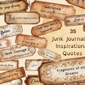 May include: A collection of vintage-style labels with inspirational quotes and phrases. The labels feature ornate borders and text such as "Chase your dreams," "Believe," and "Have Courage." The image also includes the text "35 Junk Journal & Inspirational Quotes."