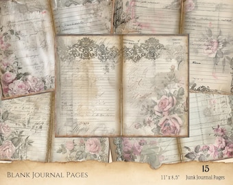 Páginas de diario vintage en blanco, estilo shabby chic, papel de libro de contabilidad, fondos de diario imprimibles, hojas de collage de cuadernos y álbumes de recortes.