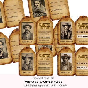 Vintage Steckbrief faltbare Tags für Junk Journals, Wild West Junk Journal, Cowboys Junk Journal Digital druckbares altes Foto von Verbrechern