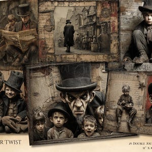 May include: A collage of illustrations from "Oliver Twist" featuring characters in period clothing and top hats. The images have a vintage, sepia-toned aesthetic. Text includes "Oliver Twist", "25 Double Journal Pages", and dimensions of 11" x 8.5".