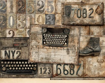 Papeles imprimibles con números estilo grunge industrial, hoja de collage, descarga digital para diario creativo masculino