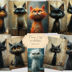 Kit de carnet de bord pour chats, 26 demi-pages, papiers de scrapbooking imprimables chats, téléchargement numérique, éphémères de chats, demi-papiers numériques drôles de chats, chats