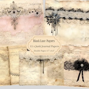 Diário de renda vintage, páginas antigas para impressão, diário digital de renda preta, papel de scrapbook de casamento, fundo de renda, itens efêmeros de renda vintage