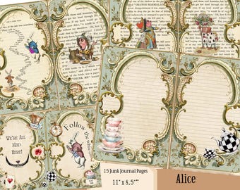 Digital Junk Journal Digital Kit Alice in Wonderland Printable Vintage Kit, Collage Papers, Printable Download, Scrapbook,Paper Craft