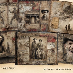 May include: A set of vintage-style journal pages with a Wild West theme. The pages feature sepia-toned illustrations of cowboys, saloons, families, and portraits. The text "WILD WILD WEST" and "20 DOUBLE JOURNAL PAGES 27.9cm x 21.6cm" are visible.