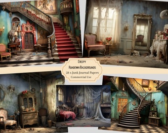 28 Gothic Creepy Rooms, Gothic digital papers backgrounds, Paper Pack, Digital art, Scrapbook, Creepy Rooms Junk Journal, Creepy Ephemera