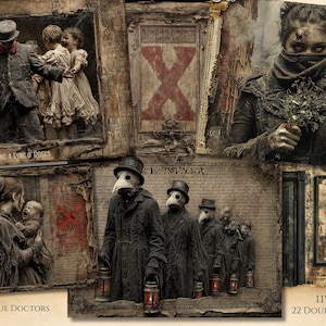 Könnte beinhalten: Eine Collage von Illustrationen, die Szenen aus der Pestzeit darstellen. Die Bilder zeigen Pestärzte, verzweifelte Figuren und Text mit der Aufschrift "Ring a Ring o' Roses" und "The Plague Doctors". Die Maße sind 28 cm x 22 cm mit 22 Doppelseiten.