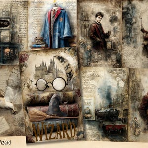 Könnte beinhalten: Eine Collage von Illustrationen mit Szenen und Elementen aus einer Fantasy-Welt. Enthält einen blauen Umhang, Bücher, einen Zaubererhut, eine Brille, einen Besen, eine Eule und einen Zug. Das Wort "Wizard" steht unten.