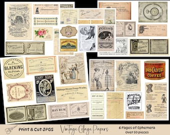 May include: Six pages of vintage ephemera collage papers with over 50 pieces. The papers feature a variety of designs, including floral patterns, advertisements, and illustrations. The papers are perfect for scrapbooking, card making, and other craft projects.
