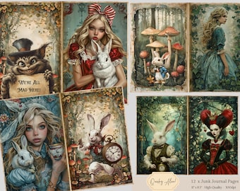 Alice in Wonderland Junk Journal Kit, Printable Scrapbook Papers, Digital Download, Alice Ephemera, Alice in Wonderland Digital Papers