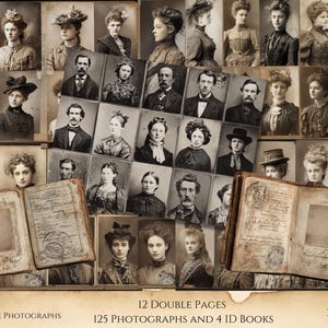 May include: A collection of vintage photographs and ID books. The image shows numerous sepia-toned portraits of people from the past, arranged around two open antique books. The text reads "12 Double Pages, 125 Photographs and 4 ID Books, 28cm x 22cm".