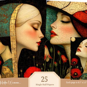 May include: A collection of art prints featuring stylized portraits of women with closed eyes and red lips. The prints have a vintage aesthetic, with a focus on the faces and details. The text on the image says "25 Single Half Papers" and "Each page is 8.5" x 5.5" Half Pages."