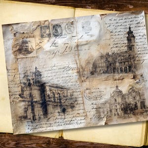 May include: An open antique book with aged pages, displaying a vintage postcard with architectural sketches and handwritten script. The postcard features stamps and a faded sepia tone, evoking a sense of history and nostalgia.