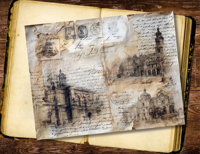 May include: An open antique book with aged pages, displaying a vintage postcard with architectural sketches and handwritten script. The postcard features stamps and a faded sepia tone, evoking a sense of history and nostalgia.
