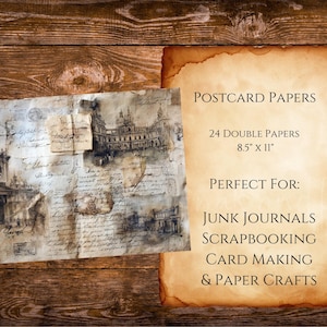 May include: Two sheets of aged paper with architectural sketches and handwritten script. The text on the right reads "POSTCARD PAPERS" and "24 DOUBLE PAPERS 8.5" x 11"", suitable for junk journals, scrapbooking, card making, and paper crafts.