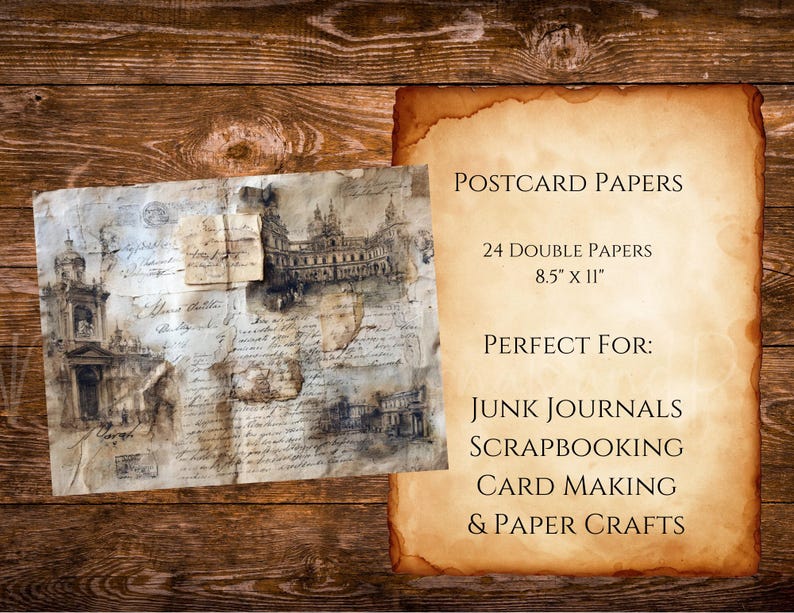 May include: Two sheets of aged paper with architectural sketches and handwritten script. The text on the right reads "POSTCARD PAPERS" and "24 DOUBLE PAPERS 8.5" x 11"", suitable for junk journals, scrapbooking, card making, and paper crafts.