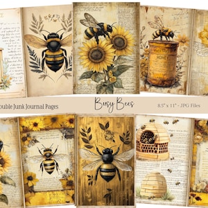 Skräpjournalsidor med honungsbin, vintage skräpjournalkit med bin, skräpjournalpapper, digitalt collageark, direktnedladdning, bin-ephemera