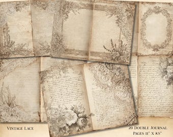 Vintage kanten junkjournaal, afdrukbaar antiek digitaal kantdagboek, digitale download, Lace Ephemera