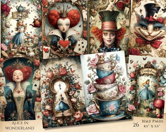 Alice in Wonderland Printable Junk Journal Kit, Ephemera - Digital Download