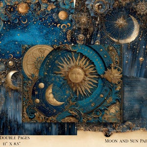 Op de afbeelding: Een papierenset met een hemels thema met een ontwerp van zon, maan en sterren in blauw- en goudtinten. De set bevat 20 dubbele pagina's, elk 27,9 cm x 21,6 cm groot. De woorden "Moon and Sun Papers" zijn ook zichtbaar.