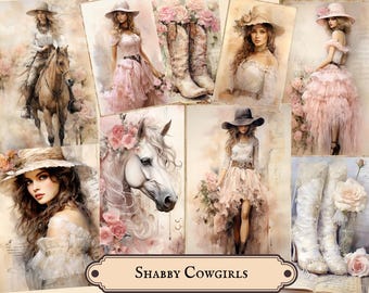May include: A collage of watercolor illustrations featuring women in vintage-style dresses and hats, alongside images of horses and cowboy boots. The color palette is soft, with pinks, creams, and browns. The text "Shabby Cowgirls" is at the bottom.