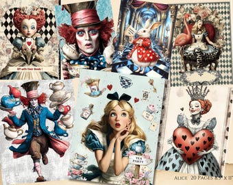 Alice in Wonderland Scrapbook Paper, Printable Junk Journal Pages -  Digital Download