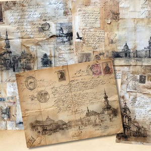 May include: A collection of vintage-style papers with architectural sketches, handwritten script, stamps, and postal marks. The papers have a sepia tone, creating an aged appearance. The image evokes a sense of history and nostalgia.