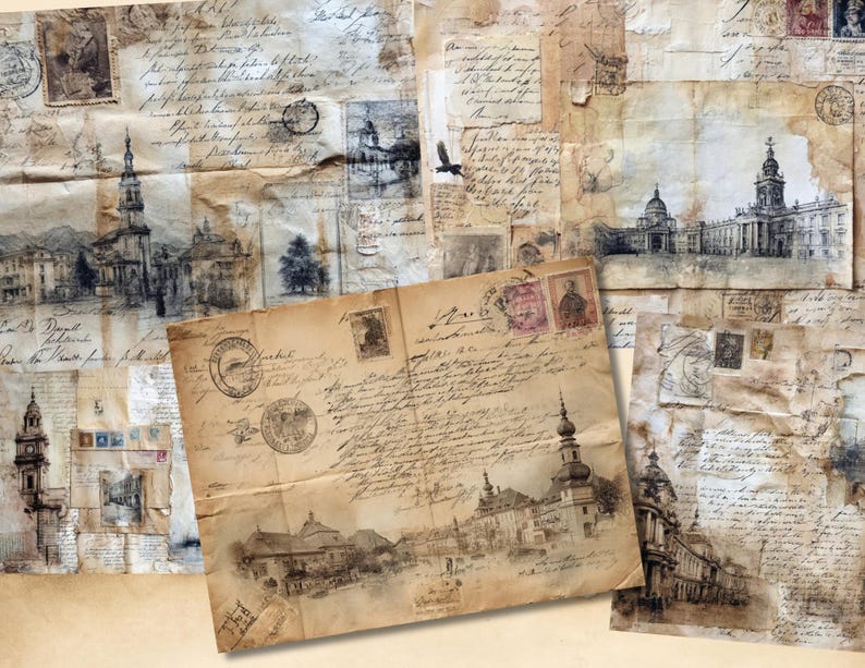 May include: A collection of vintage-style papers with architectural sketches, handwritten script, stamps, and postal marks. The papers have a sepia tone, creating an aged appearance. The image evokes a sense of history and nostalgia.
